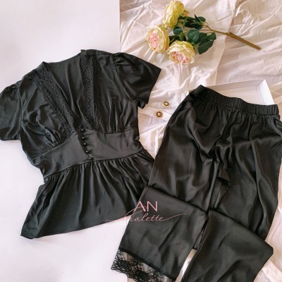 Bộ ngủ lụa đen quần dài
